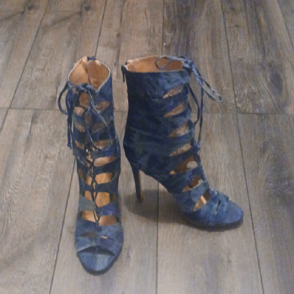 Washed Denim,Gladiator Style, Lace-Up Women's Heels
